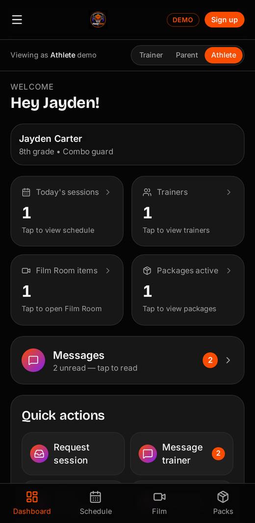 HoopSlot athlete portal with the next basketball session, film, and messages