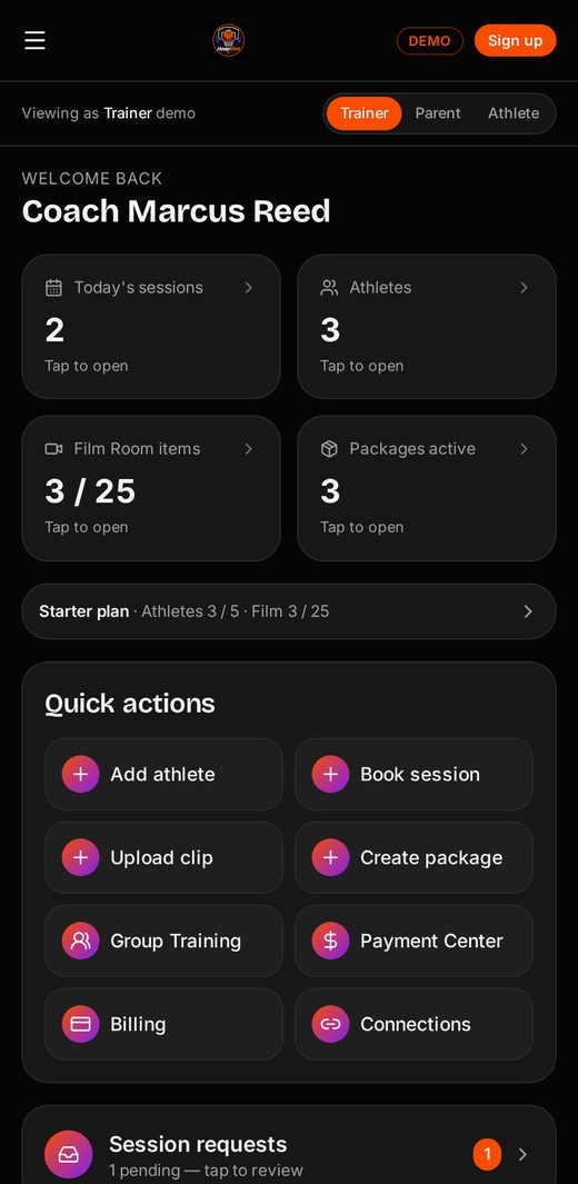 HoopSlot trainer dashboard with today's sessions, athletes, and quick actions