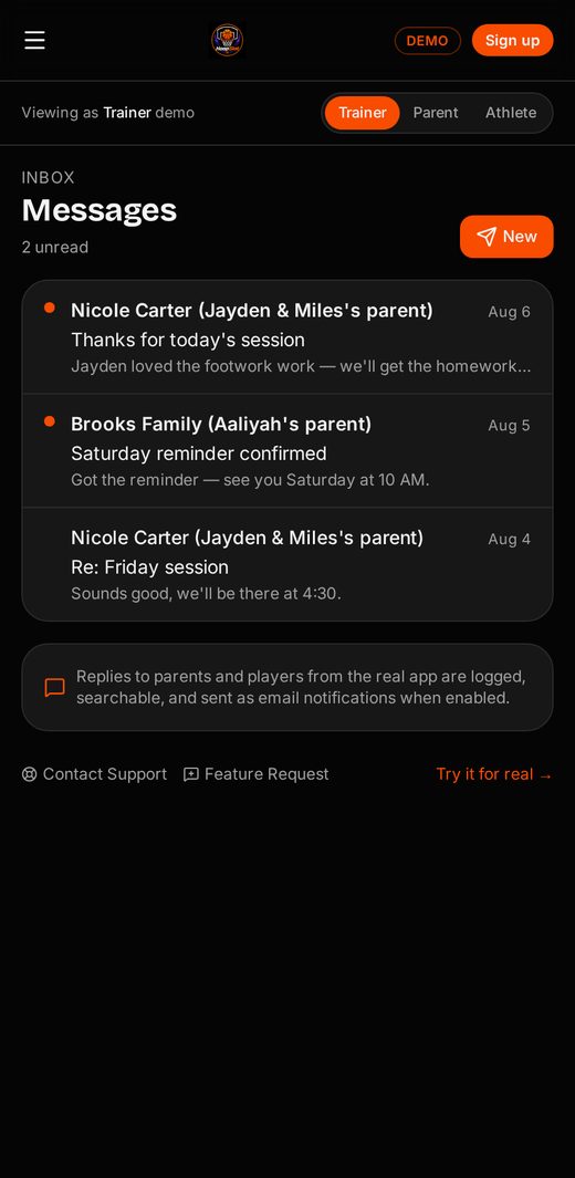 HoopSlot messages shared with basketball athletes and parents