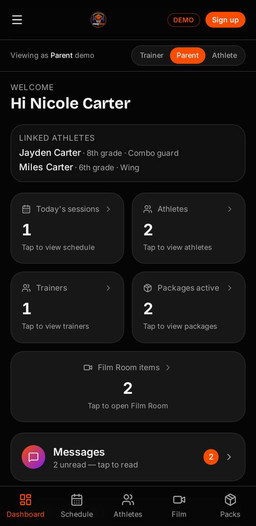 HoopSlot parent portal with linked athletes, schedules, and trainer updates
