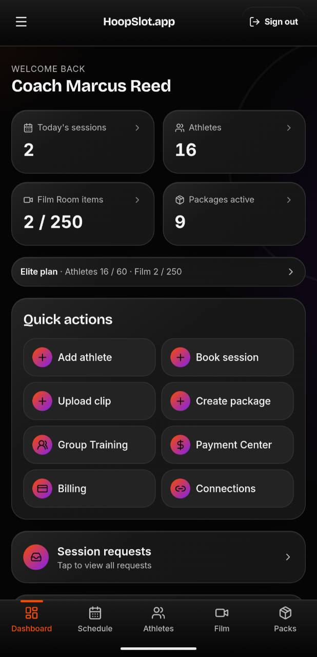 HoopSlot trainer dashboard with today's sessions, athletes, and quick actions